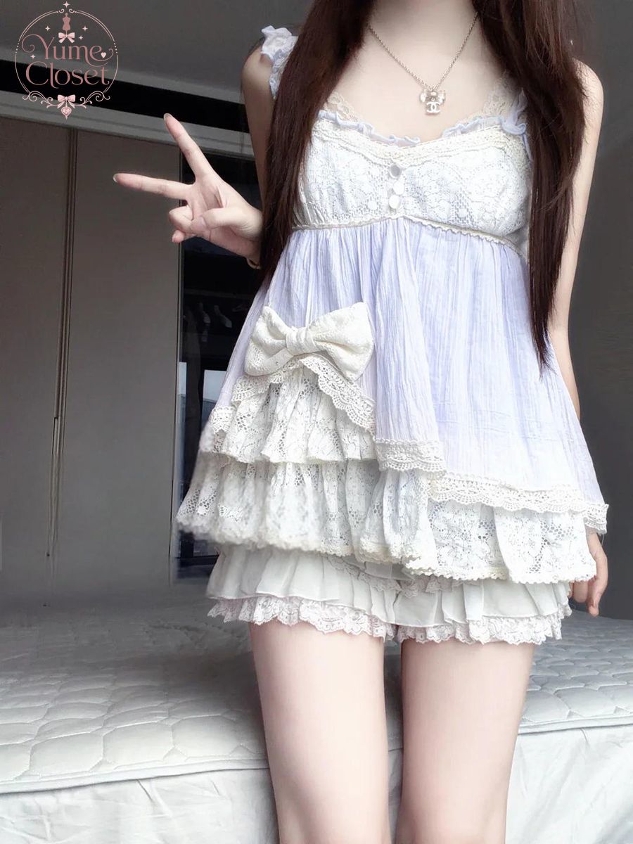 Lace Trim Cami - Coquette Ryousangata Dollcore Japanese Vintage Set