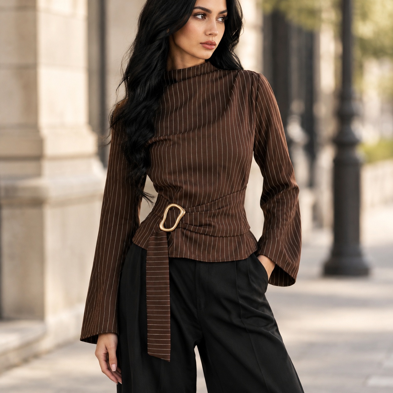 Women Fashion Necktie - Atasan Lengan Panjang Bergaris dengan Detail