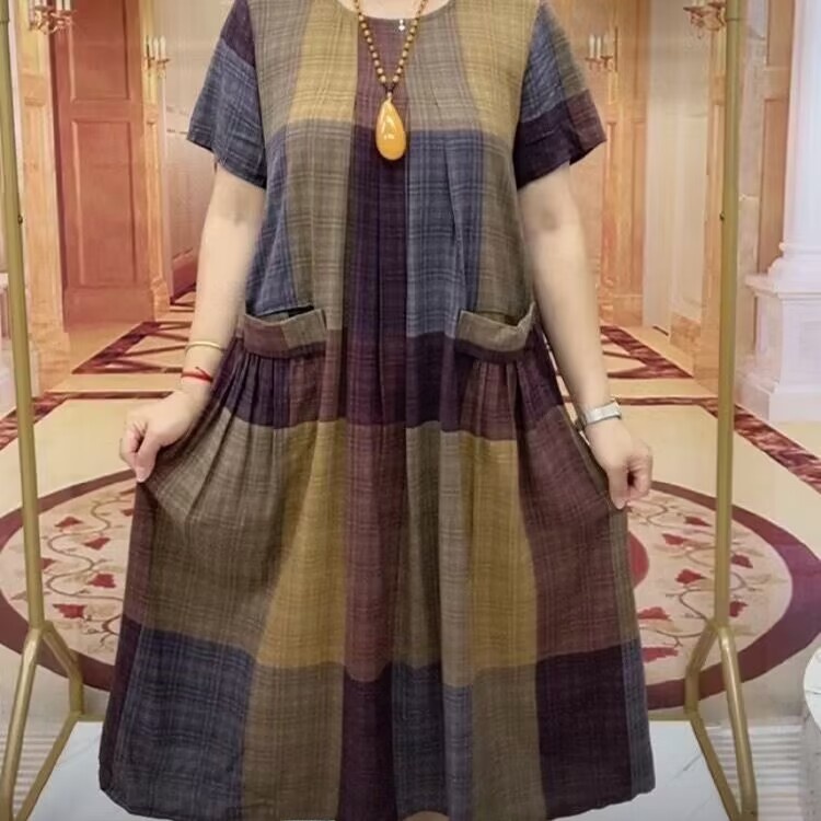 Women Fashion Over The Years - Gaun Katun Linen Bermotif Kotak-kotak Ukuran