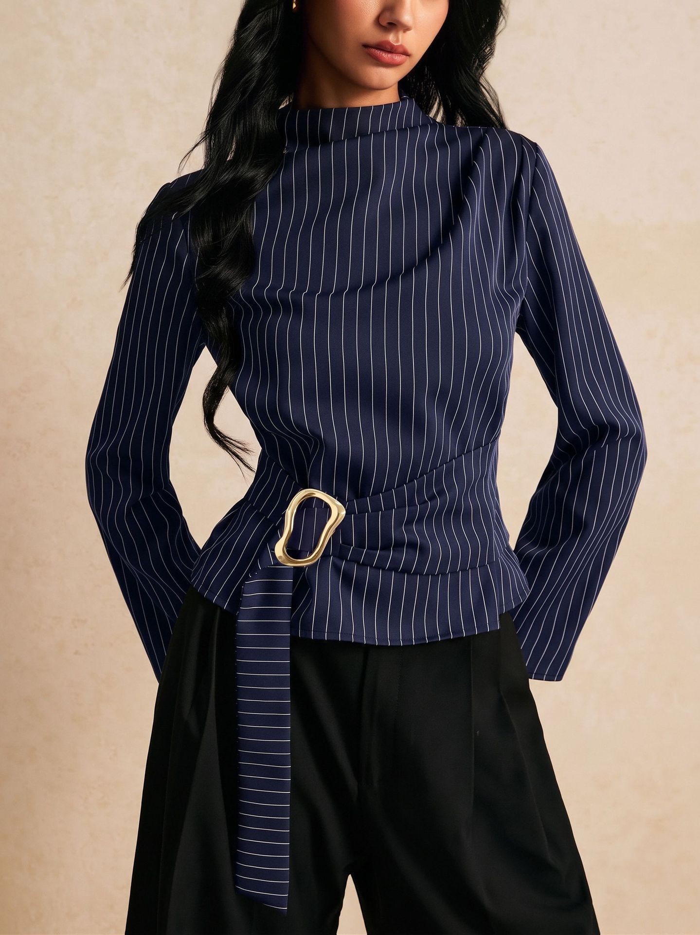 Atasan Lengan Panjang Bergaris - Women Fashion Necktie ulasan dan harga