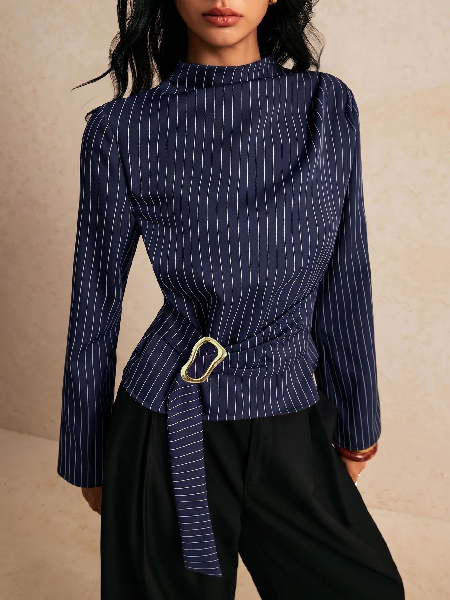 Atasan Lengan Panjang Bergaris - Women Fashion Necktie ulasan dan harga