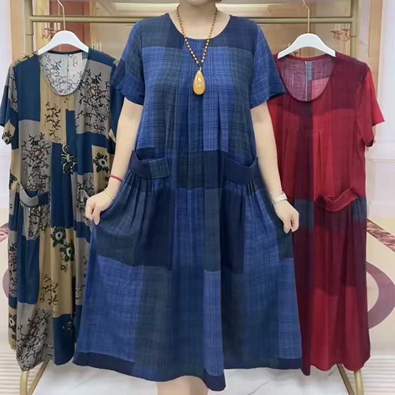 Gaun Katun Linen Bermotif Kota - Women Fashion Over The Years ulasan dan harga